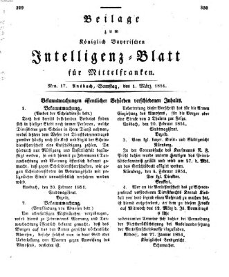 Königlich Bayerisches Intelligenzblatt für Mittelfranken (Ansbacher Intelligenz-Zeitung) Samstag 1. März 1851