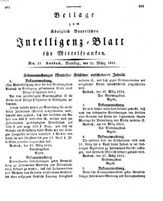 Königlich Bayerisches Intelligenzblatt für Mittelfranken (Ansbacher Intelligenz-Zeitung) Samstag 22. März 1851