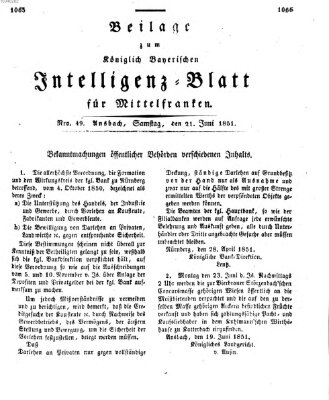Königlich Bayerisches Intelligenzblatt für Mittelfranken (Ansbacher Intelligenz-Zeitung) Samstag 21. Juni 1851