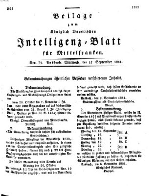 Königlich Bayerisches Intelligenzblatt für Mittelfranken (Ansbacher Intelligenz-Zeitung) Mittwoch 17. September 1851