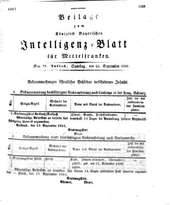 Königlich Bayerisches Intelligenzblatt für Mittelfranken (Ansbacher Intelligenz-Zeitung) Samstag 20. September 1851
