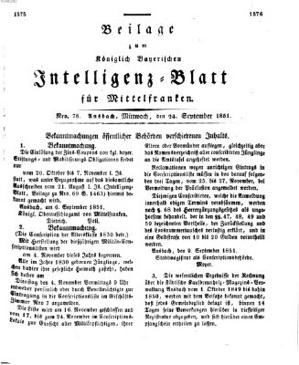Königlich Bayerisches Intelligenzblatt für Mittelfranken (Ansbacher Intelligenz-Zeitung) Mittwoch 24. September 1851