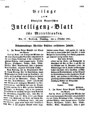 Königlich Bayerisches Intelligenzblatt für Mittelfranken (Ansbacher Intelligenz-Zeitung) Samstag 4. Oktober 1851
