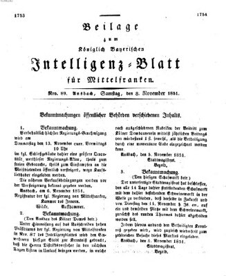 Königlich Bayerisches Intelligenzblatt für Mittelfranken (Ansbacher Intelligenz-Zeitung) Samstag 8. November 1851