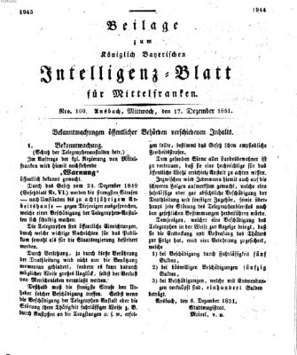 Königlich Bayerisches Intelligenzblatt für Mittelfranken (Ansbacher Intelligenz-Zeitung) Mittwoch 17. Dezember 1851