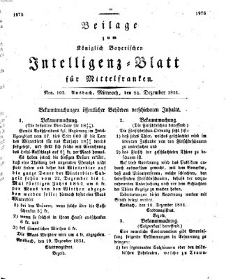 Königlich Bayerisches Intelligenzblatt für Mittelfranken (Ansbacher Intelligenz-Zeitung) Mittwoch 24. Dezember 1851
