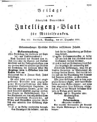 Königlich Bayerisches Intelligenzblatt für Mittelfranken (Ansbacher Intelligenz-Zeitung) Samstag 27. Dezember 1851