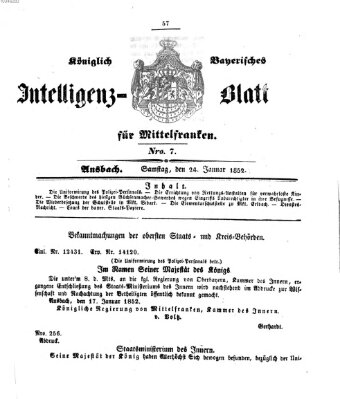 Königlich Bayerisches Intelligenzblatt für Mittelfranken (Ansbacher Intelligenz-Zeitung) Samstag 24. Januar 1852