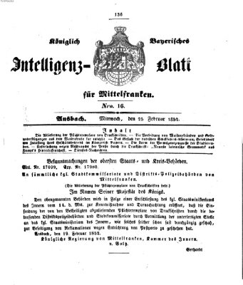 Königlich Bayerisches Intelligenzblatt für Mittelfranken (Ansbacher Intelligenz-Zeitung) Mittwoch 25. Februar 1852