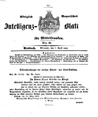 Königlich Bayerisches Intelligenzblatt für Mittelfranken (Ansbacher Intelligenz-Zeitung) Mittwoch 7. April 1852