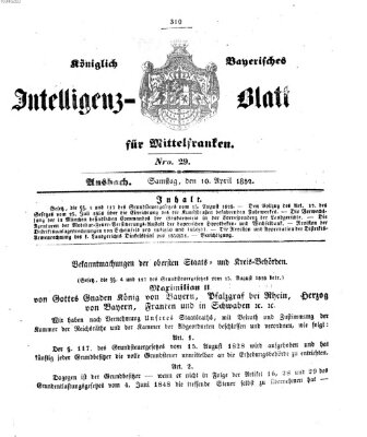 Königlich Bayerisches Intelligenzblatt für Mittelfranken (Ansbacher Intelligenz-Zeitung) Samstag 10. April 1852