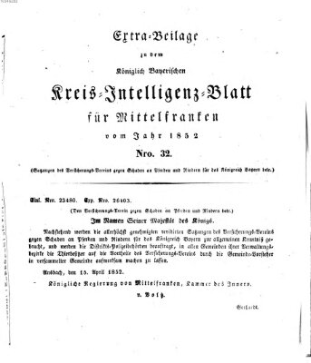 Königlich Bayerisches Intelligenzblatt für Mittelfranken (Ansbacher Intelligenz-Zeitung) Mittwoch 21. April 1852