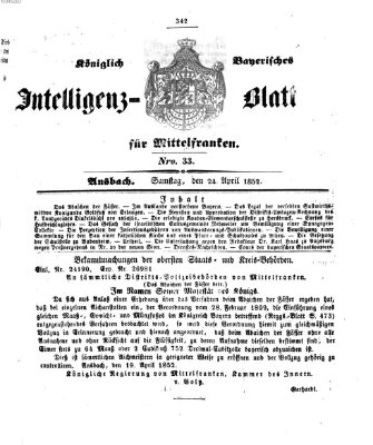 Königlich Bayerisches Intelligenzblatt für Mittelfranken (Ansbacher Intelligenz-Zeitung) Samstag 24. April 1852