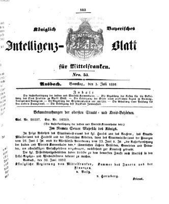 Königlich Bayerisches Intelligenzblatt für Mittelfranken (Ansbacher Intelligenz-Zeitung) Samstag 3. Juli 1852