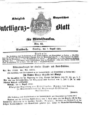 Königlich Bayerisches Intelligenzblatt für Mittelfranken (Ansbacher Intelligenz-Zeitung) Samstag 7. August 1852