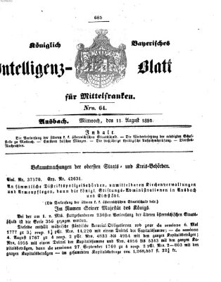 Königlich Bayerisches Intelligenzblatt für Mittelfranken (Ansbacher Intelligenz-Zeitung) Mittwoch 11. August 1852