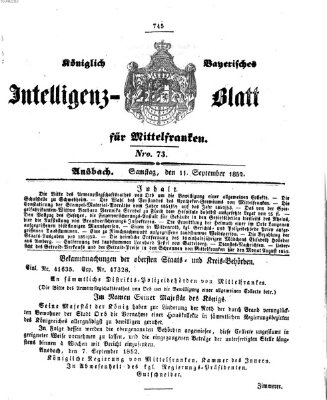 Königlich Bayerisches Intelligenzblatt für Mittelfranken (Ansbacher Intelligenz-Zeitung) Samstag 11. September 1852