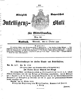 Königlich Bayerisches Intelligenzblatt für Mittelfranken (Ansbacher Intelligenz-Zeitung) Mittwoch 27. Oktober 1852