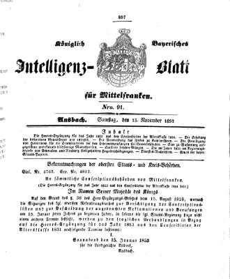 Königlich Bayerisches Intelligenzblatt für Mittelfranken (Ansbacher Intelligenz-Zeitung) Samstag 13. November 1852