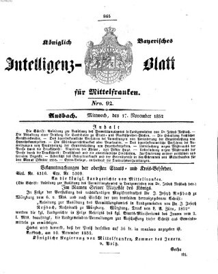 Königlich Bayerisches Intelligenzblatt für Mittelfranken (Ansbacher Intelligenz-Zeitung) Mittwoch 17. November 1852