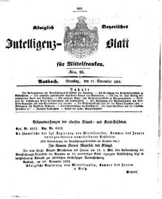 Königlich Bayerisches Intelligenzblatt für Mittelfranken (Ansbacher Intelligenz-Zeitung) Samstag 27. November 1852