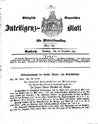 Königlich Bayerisches Intelligenzblatt für Mittelfranken (Ansbacher Intelligenz-Zeitung) Samstag 18. Dezember 1852