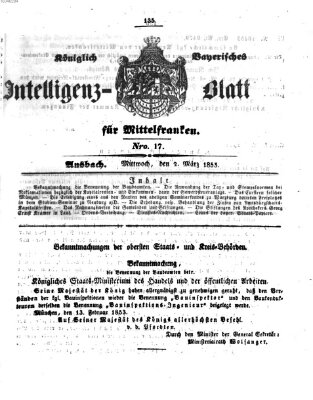 Königlich Bayerisches Intelligenzblatt für Mittelfranken (Ansbacher Intelligenz-Zeitung) Mittwoch 2. März 1853