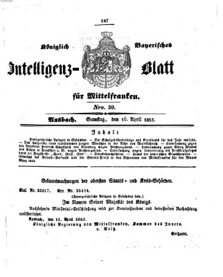 Königlich Bayerisches Intelligenzblatt für Mittelfranken (Ansbacher Intelligenz-Zeitung) Samstag 16. April 1853