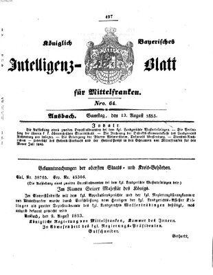 Königlich Bayerisches Intelligenzblatt für Mittelfranken (Ansbacher Intelligenz-Zeitung) Samstag 13. August 1853