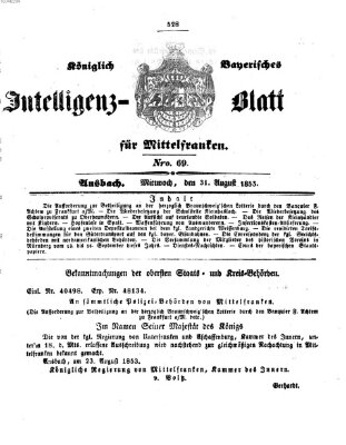 Königlich Bayerisches Intelligenzblatt für Mittelfranken (Ansbacher Intelligenz-Zeitung) Mittwoch 31. August 1853