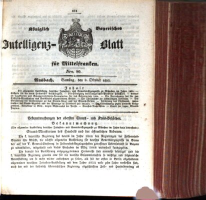 Königlich Bayerisches Intelligenzblatt für Mittelfranken (Ansbacher Intelligenz-Zeitung) Samstag 8. Oktober 1853