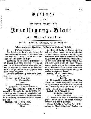 Königlich Bayerisches Intelligenzblatt für Mittelfranken (Ansbacher Intelligenz-Zeitung) Mittwoch 16. März 1853