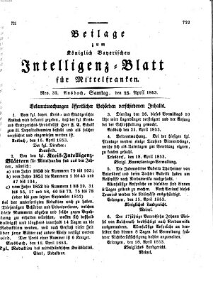 Königlich Bayerisches Intelligenzblatt für Mittelfranken (Ansbacher Intelligenz-Zeitung) Samstag 23. April 1853