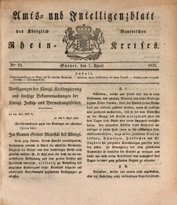 Amts- und Intelligenzblatt des Königlich Bayerischen Rheinkreises (Königlich bayerisches Amts- und Intelligenzblatt für die Pfalz) Samstag 7. April 1832