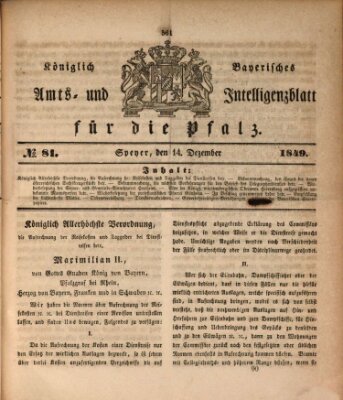 Königlich bayerisches Amts- und Intelligenzblatt für die Pfalz Freitag 14. Dezember 1849