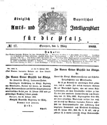 Königlich bayerisches Amts- und Intelligenzblatt für die Pfalz Freitag 5. März 1852