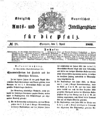 Königlich bayerisches Amts- und Intelligenzblatt für die Pfalz Mittwoch 7. April 1852