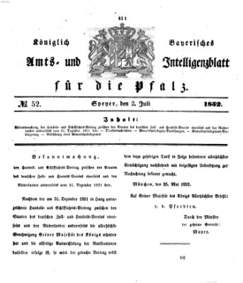 Königlich bayerisches Amts- und Intelligenzblatt für die Pfalz Freitag 2. Juli 1852
