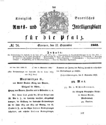 Königlich bayerisches Amts- und Intelligenzblatt für die Pfalz Mittwoch 22. September 1852