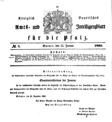 Königlich bayerisches Amts- und Intelligenzblatt für die Pfalz Samstag 22. Januar 1853