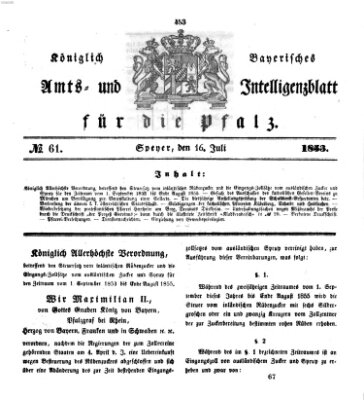 Königlich bayerisches Amts- und Intelligenzblatt für die Pfalz Samstag 16. Juli 1853