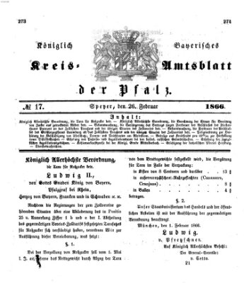 Königlich-bayerisches Kreis-Amtsblatt der Pfalz (Königlich bayerisches Amts- und Intelligenzblatt für die Pfalz) Montag 26. Februar 1866