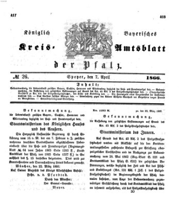 Königlich-bayerisches Kreis-Amtsblatt der Pfalz (Königlich bayerisches Amts- und Intelligenzblatt für die Pfalz) Samstag 7. April 1866