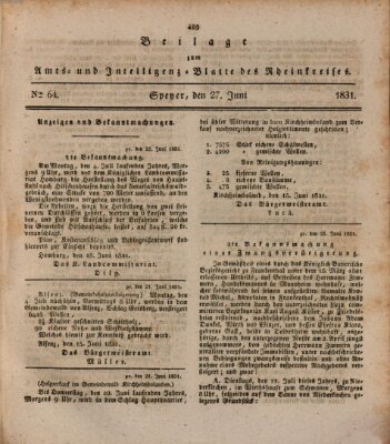 Amts- und Intelligenzblatt des Königlich Bayerischen Rheinkreises (Königlich bayerisches Amts- und Intelligenzblatt für die Pfalz) Montag 27. Juni 1831