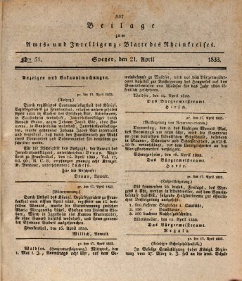 Amts- und Intelligenzblatt des Königlich Bayerischen Rheinkreises (Königlich bayerisches Amts- und Intelligenzblatt für die Pfalz) Sonntag 21. April 1833