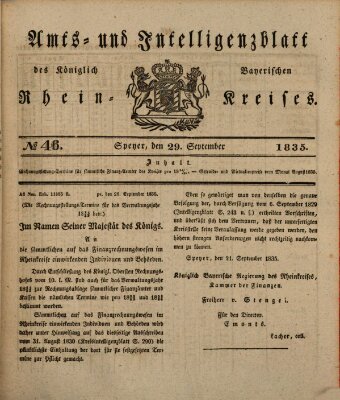 Amts- und Intelligenzblatt des Königlich Bayerischen Rheinkreises (Königlich bayerisches Amts- und Intelligenzblatt für die Pfalz) Dienstag 29. September 1835