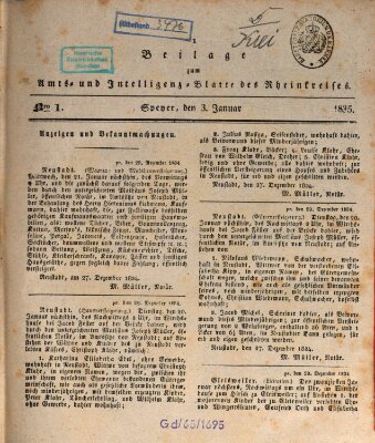 Amts- und Intelligenzblatt des Königlich Bayerischen Rheinkreises (Königlich bayerisches Amts- und Intelligenzblatt für die Pfalz) Samstag 3. Januar 1835