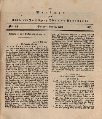 Amts- und Intelligenzblatt des Königlich Bayerischen Rheinkreises (Königlich bayerisches Amts- und Intelligenzblatt für die Pfalz) Mittwoch 13. Mai 1835