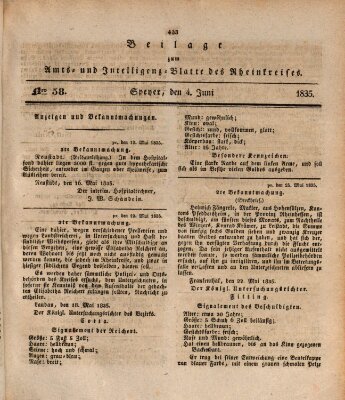 Amts- und Intelligenzblatt des Königlich Bayerischen Rheinkreises (Königlich bayerisches Amts- und Intelligenzblatt für die Pfalz) Donnerstag 4. Juni 1835
