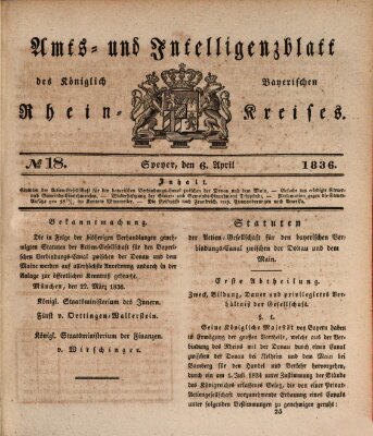 Amts- und Intelligenzblatt des Königlich Bayerischen Rheinkreises (Königlich bayerisches Amts- und Intelligenzblatt für die Pfalz) Mittwoch 6. April 1836